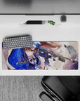 32x12 inches cobalt-and-gold anime mouse pad, dreamy cream light with flying brass and dust sparkle mood.