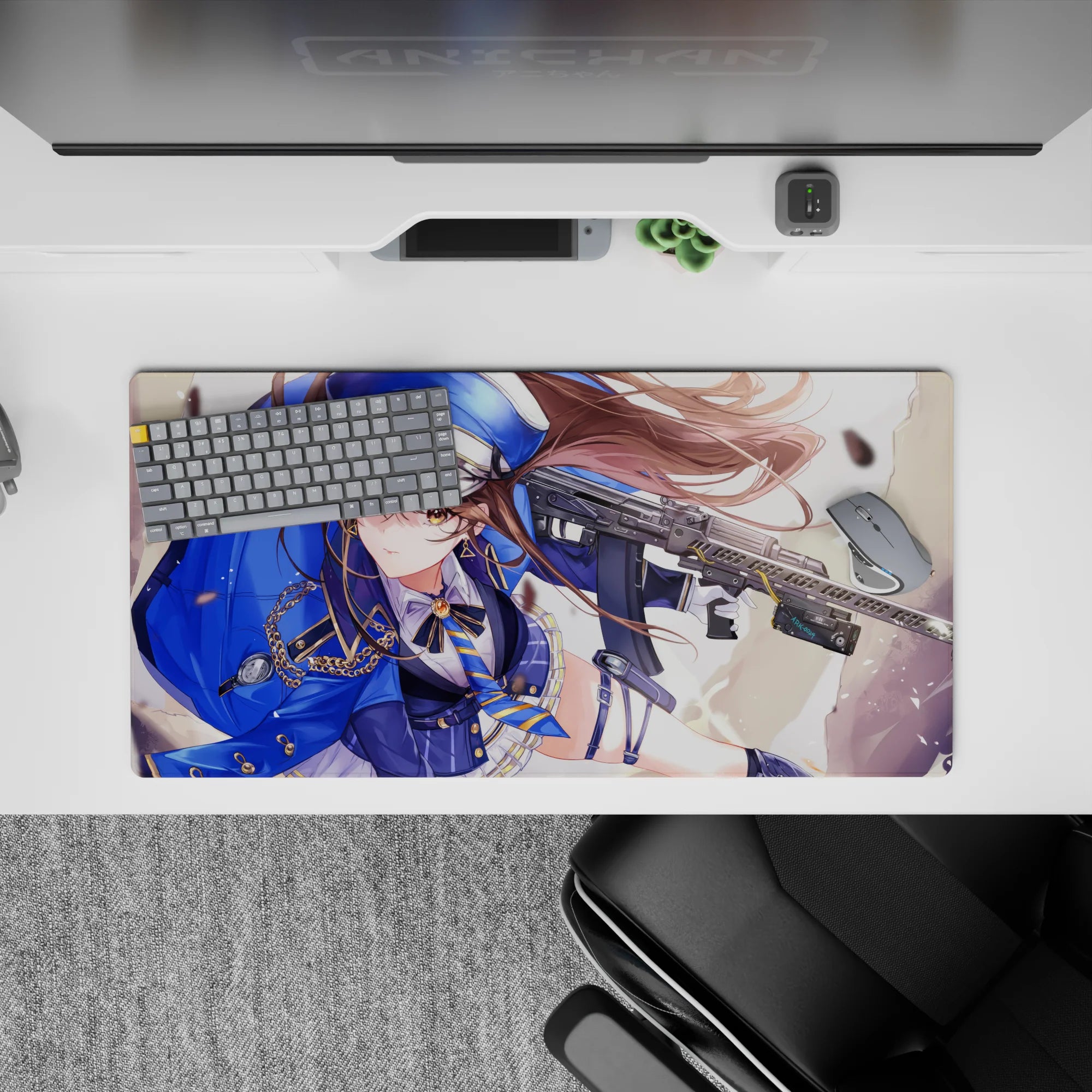 32x16 inches anime girl mouse pad in cobalt blue and gold, creamy light, dreamy dust sparkles, flying brass.