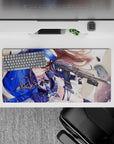 32x16 inches anime girl mouse pad in cobalt blue and gold, creamy light, dreamy dust sparkles, flying brass.