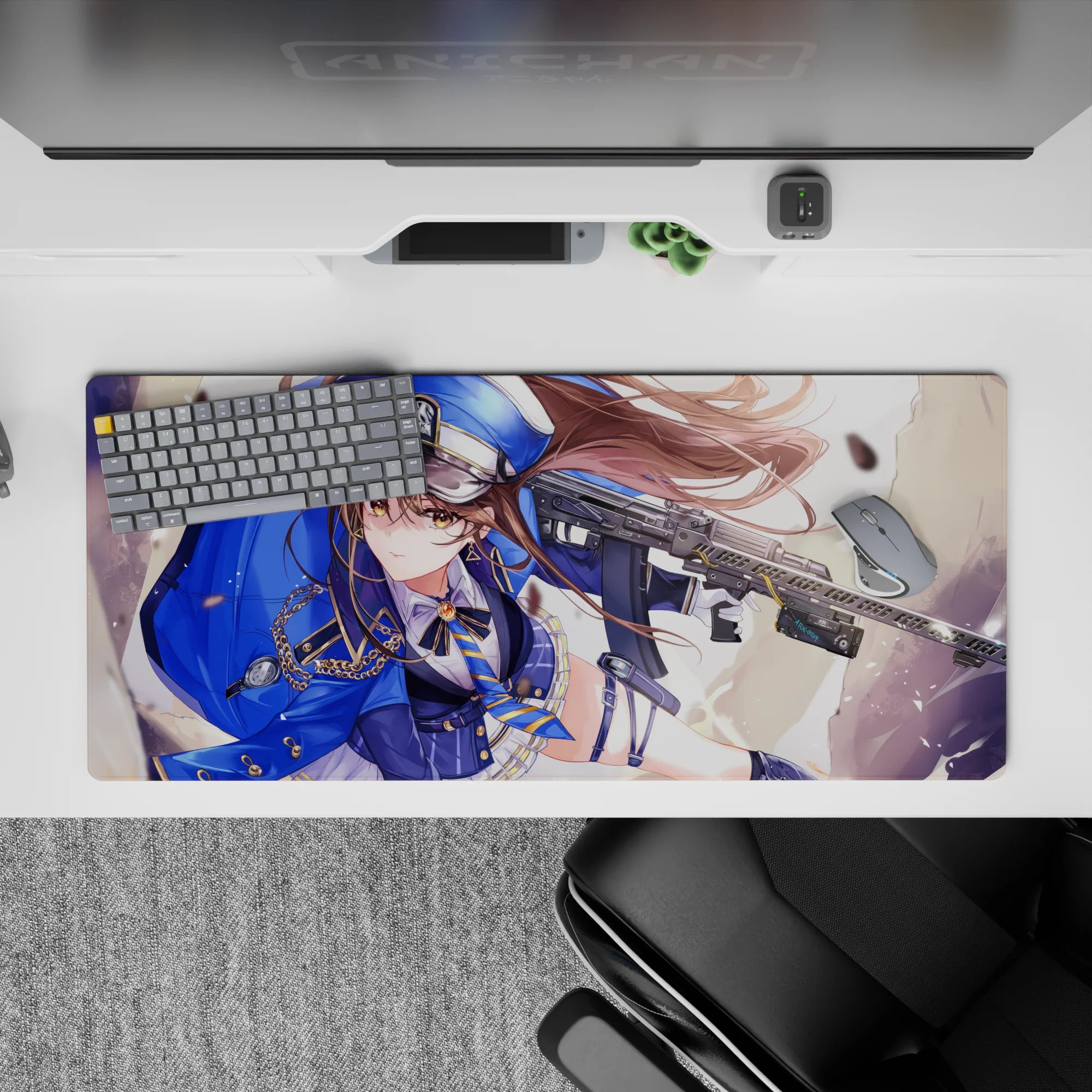 36x16 inches anime girl mouse pad in cobalt and gold, dreamy creamy light with flying brass sparkles.