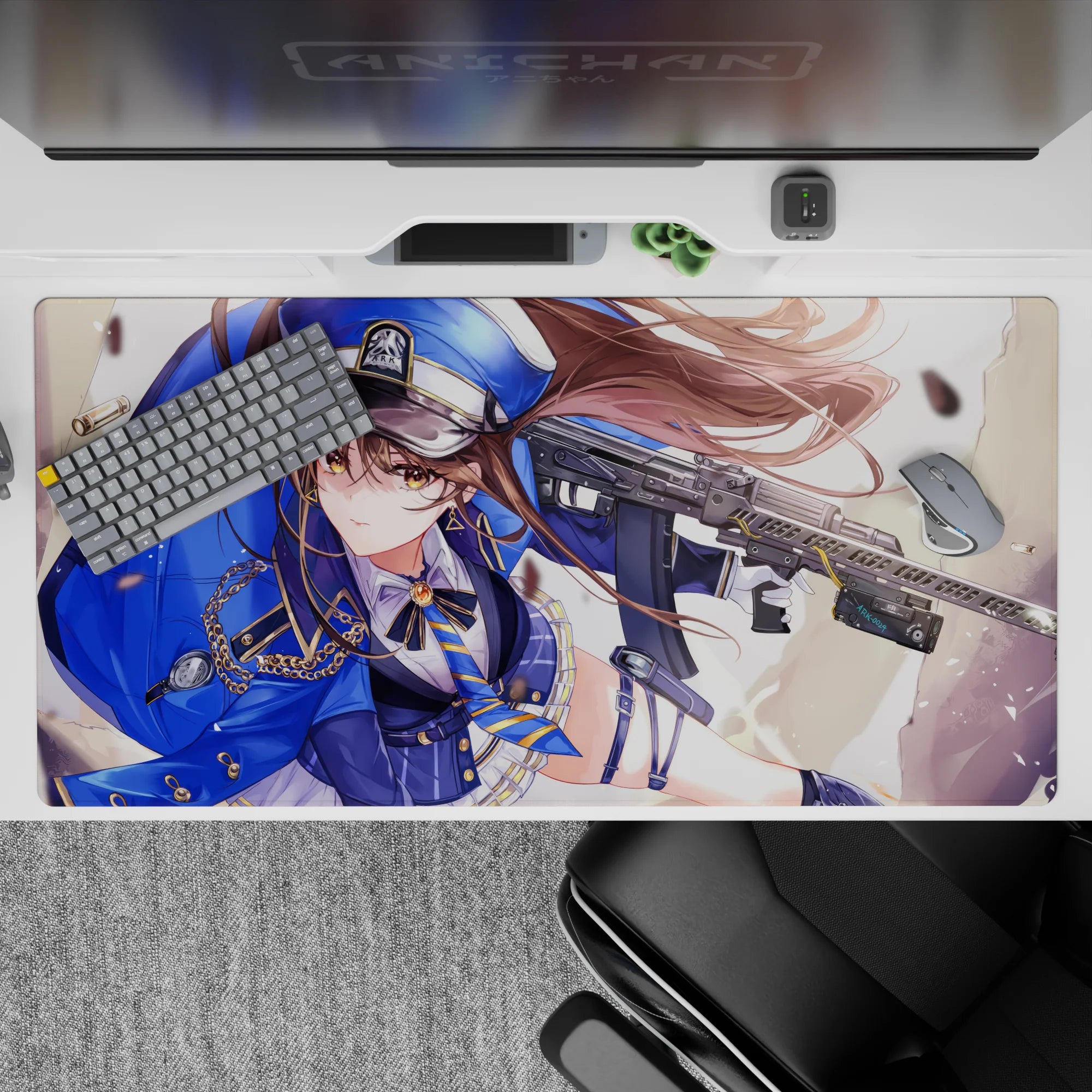 Cobalt and gold anime desk pad 40x20 inches with dreamy creamy light, dust sparkles, and flying brass.
