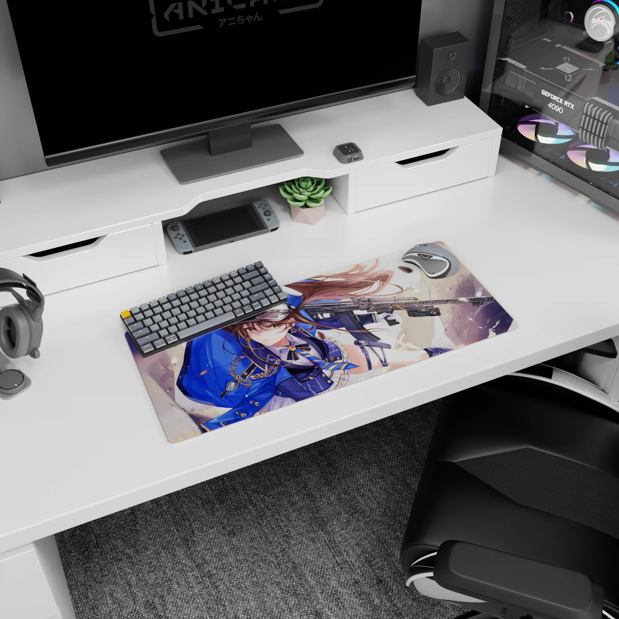 Sharp-eyed anime officer girl with chestnut hair and amber eyes on mouse pad 28x12 inches.