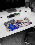 Sharp-eyed anime officer girl with chestnut hair and amber eyes on mouse pad 28x12 inches.
