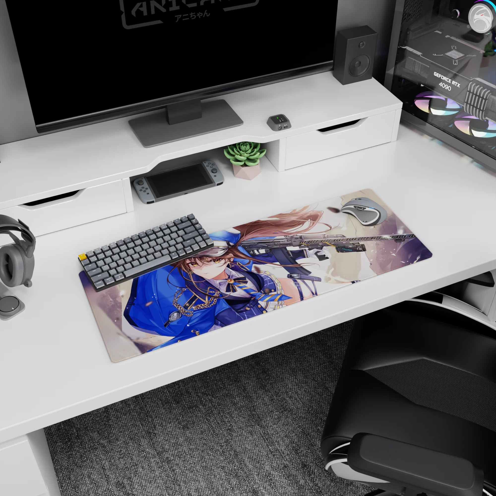 32x12 inches mouse pad showing sharp-eyed chestnut-haired anime officer girl aiming across the frame.