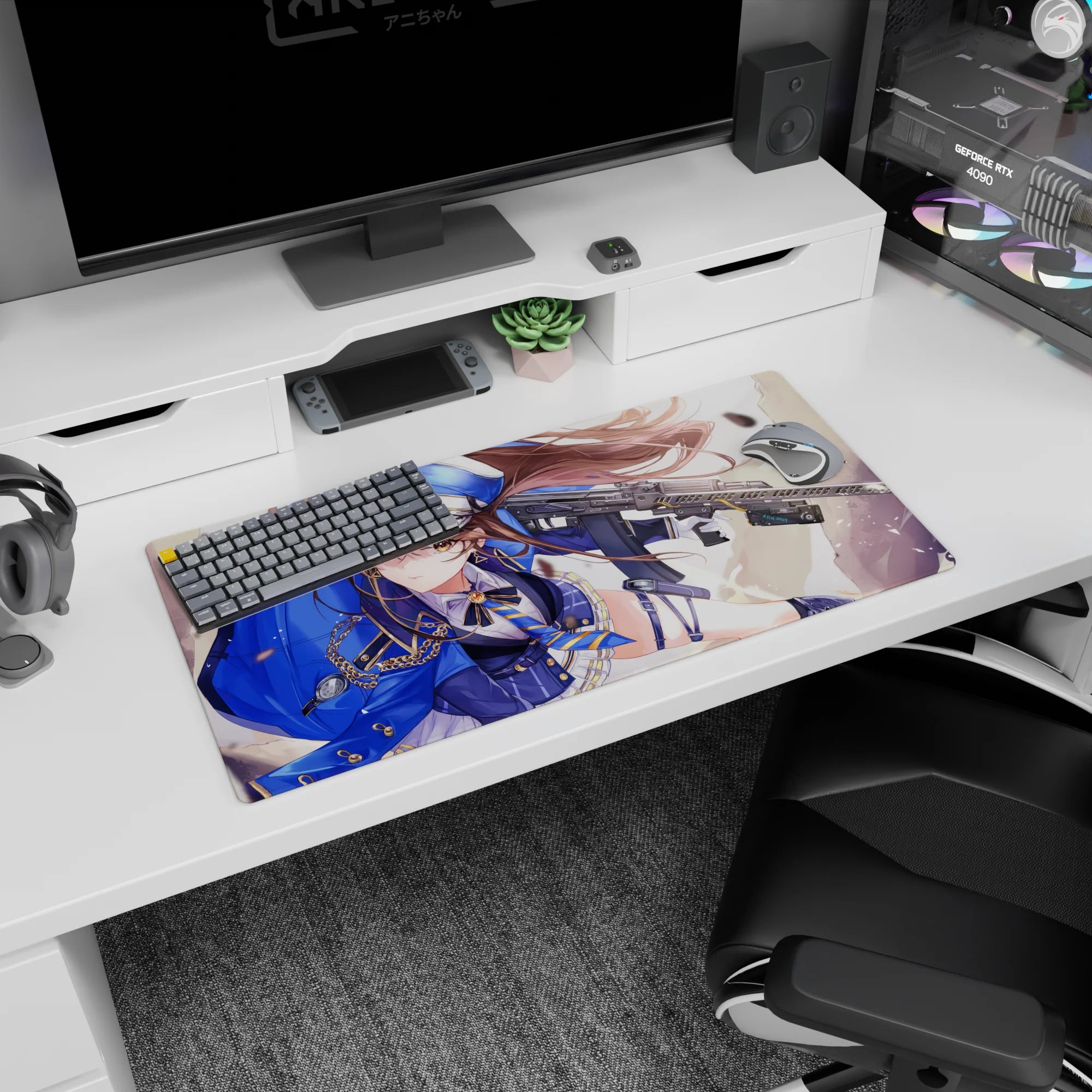 32x16 inches mouse pad showing sharp-eyed heroine, chestnut hair ribboning back, amber gaze, rifle across frame.