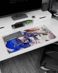 32x16 inches mouse pad showing sharp-eyed heroine, chestnut hair ribboning back, amber gaze, rifle across frame.