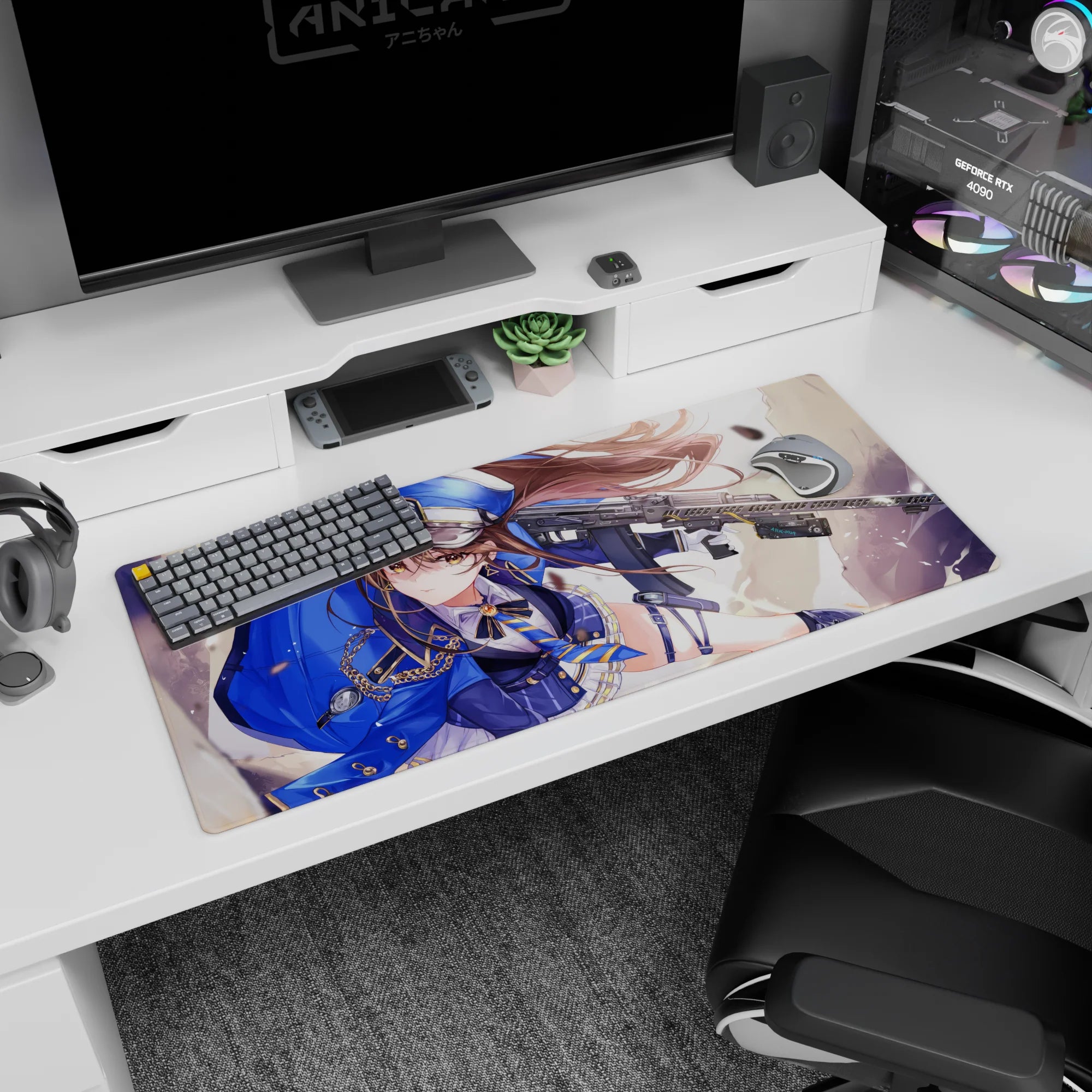 36x16 inches desk pad showing sharp-eyed anime officer girl, chestnut hair whipping back, rifle across.