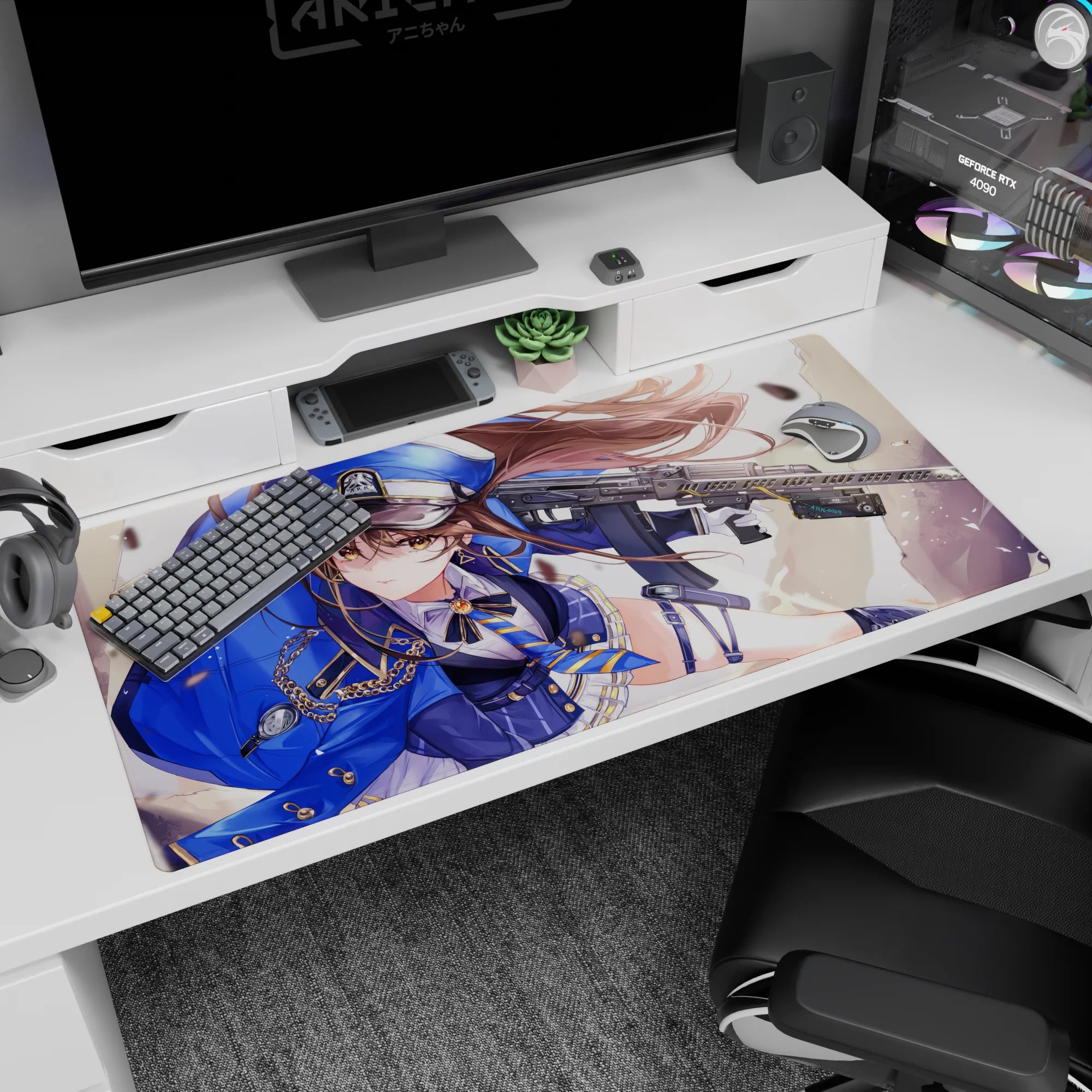 Sharp-eyed anime officer girl desk pad 40x20 inches, chestnut hair flowing, amber eyes, rifle across scene.