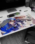 Sharp-eyed anime officer girl desk pad 40x20 inches, chestnut hair flowing, amber eyes, rifle across scene.