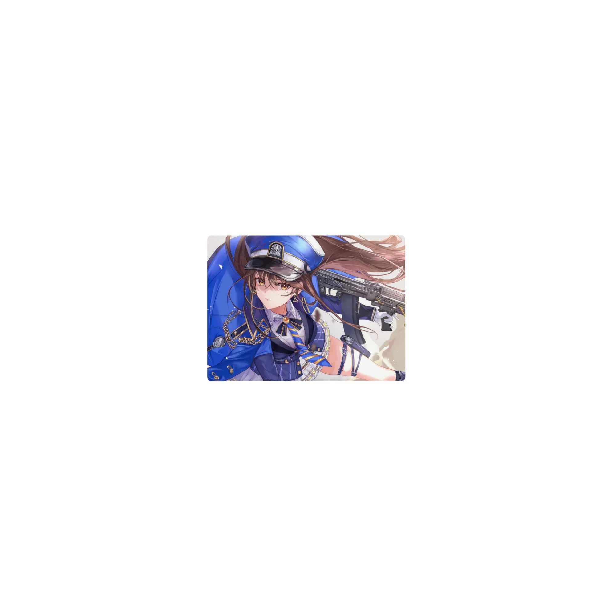 Classic anime girl mouse pad 14x10 inches with officer cap, gold chains, pleated skirt, and rifle accent.