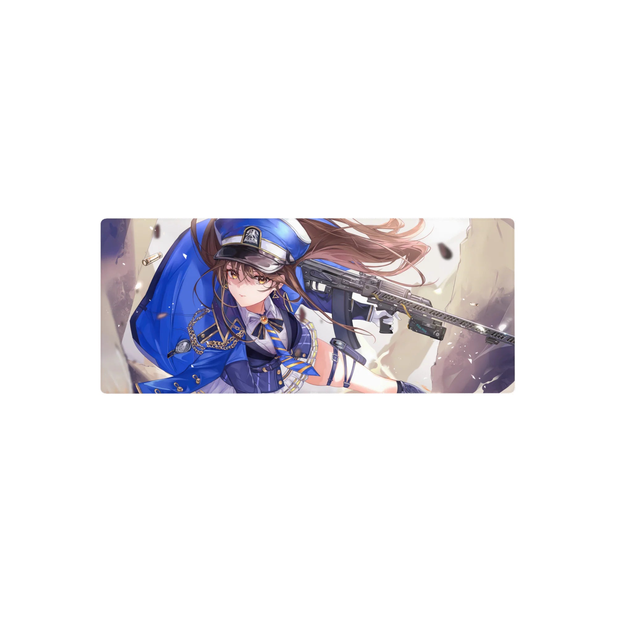 Anime girl mouse pad 28x12 inches with officer cap heroine, gold chains, pleated skirt, rifle.