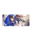 Anime girl mouse pad 28x12 inches with officer cap heroine, gold chains, pleated skirt, rifle.