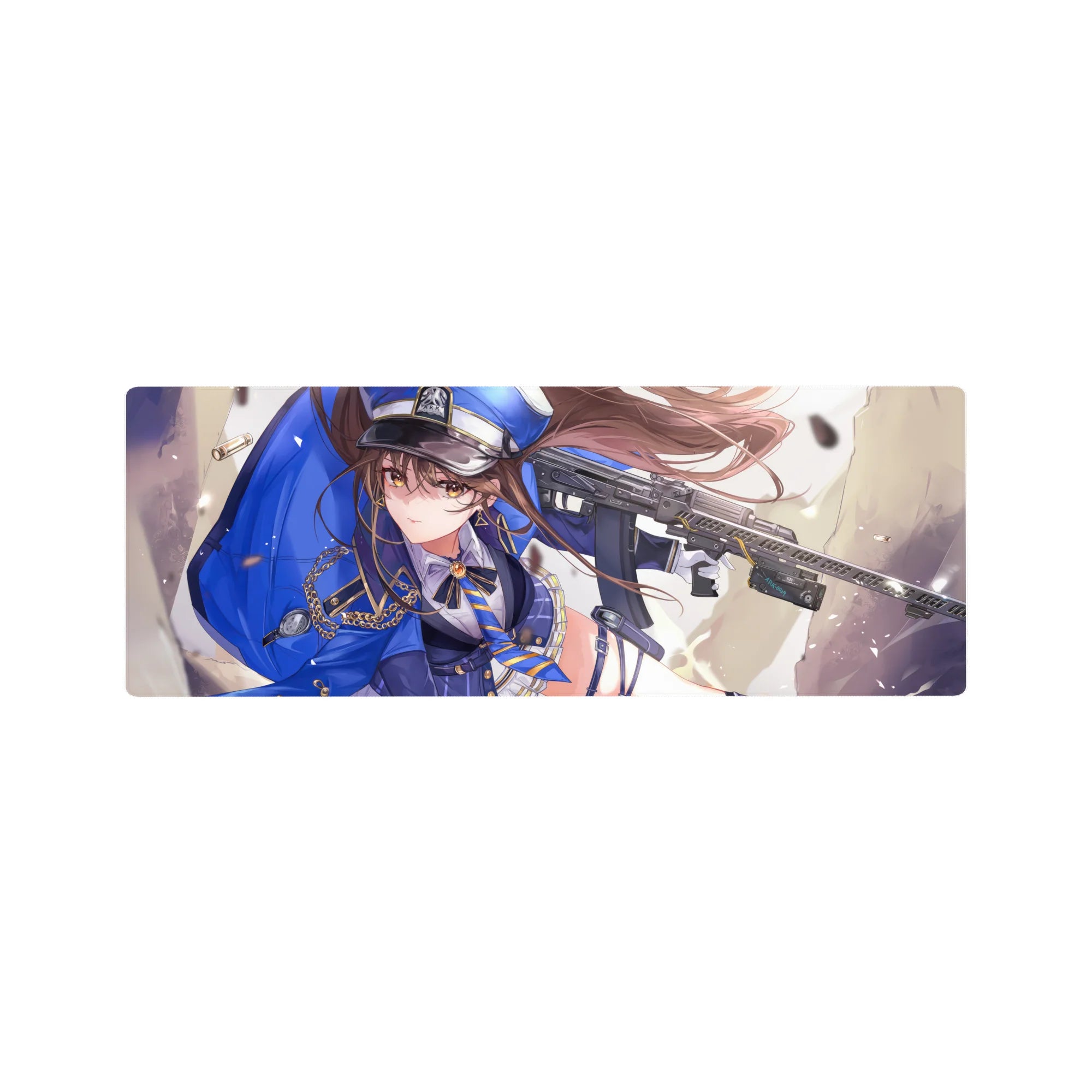 32x12 inches anime girl mouse pad with officer cap heroine, gold chains, pleated skirt, and rifle art.