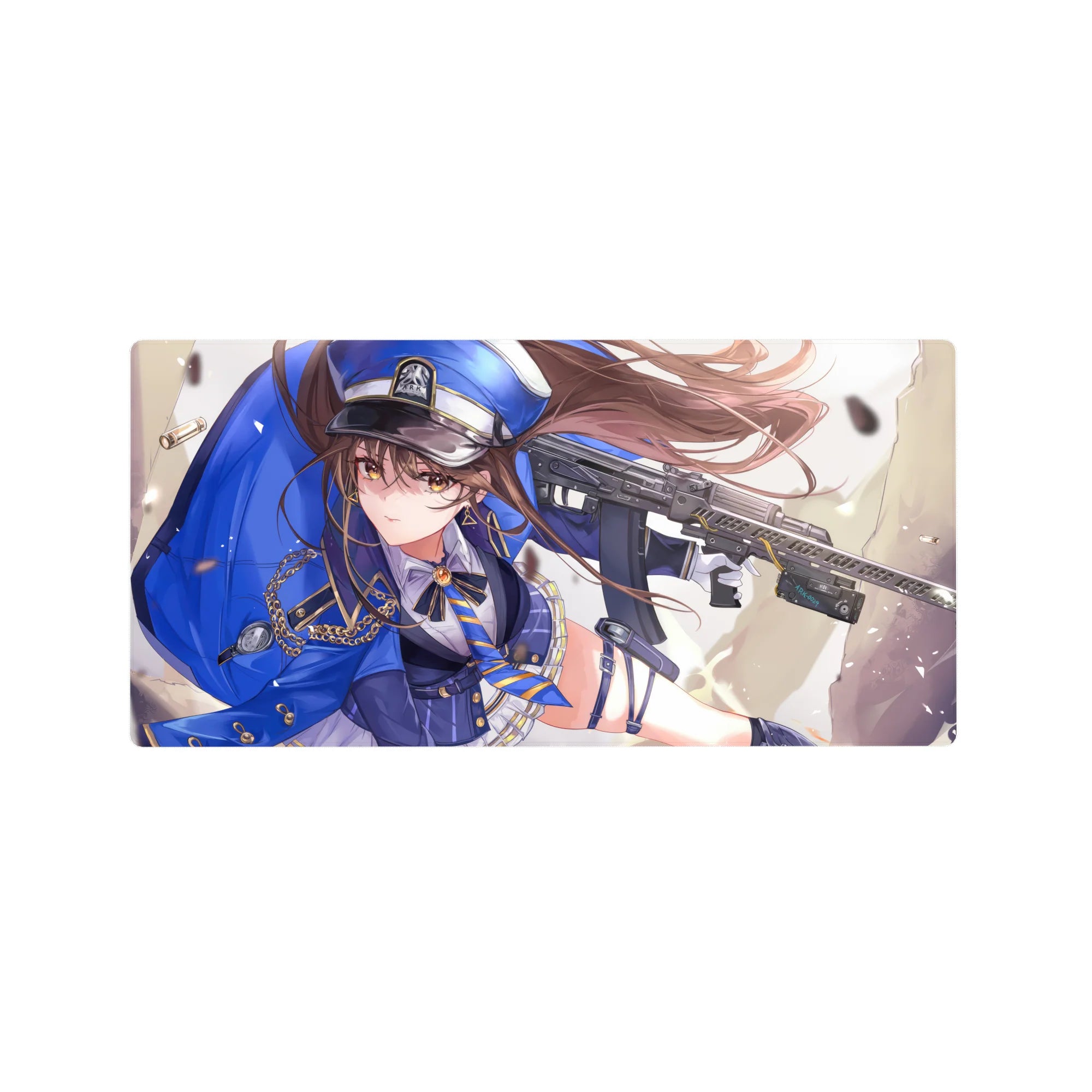 32x16 inches anime girl mouse pad with officer cap, gold chains, pleated skirt, and sleek rifle art.