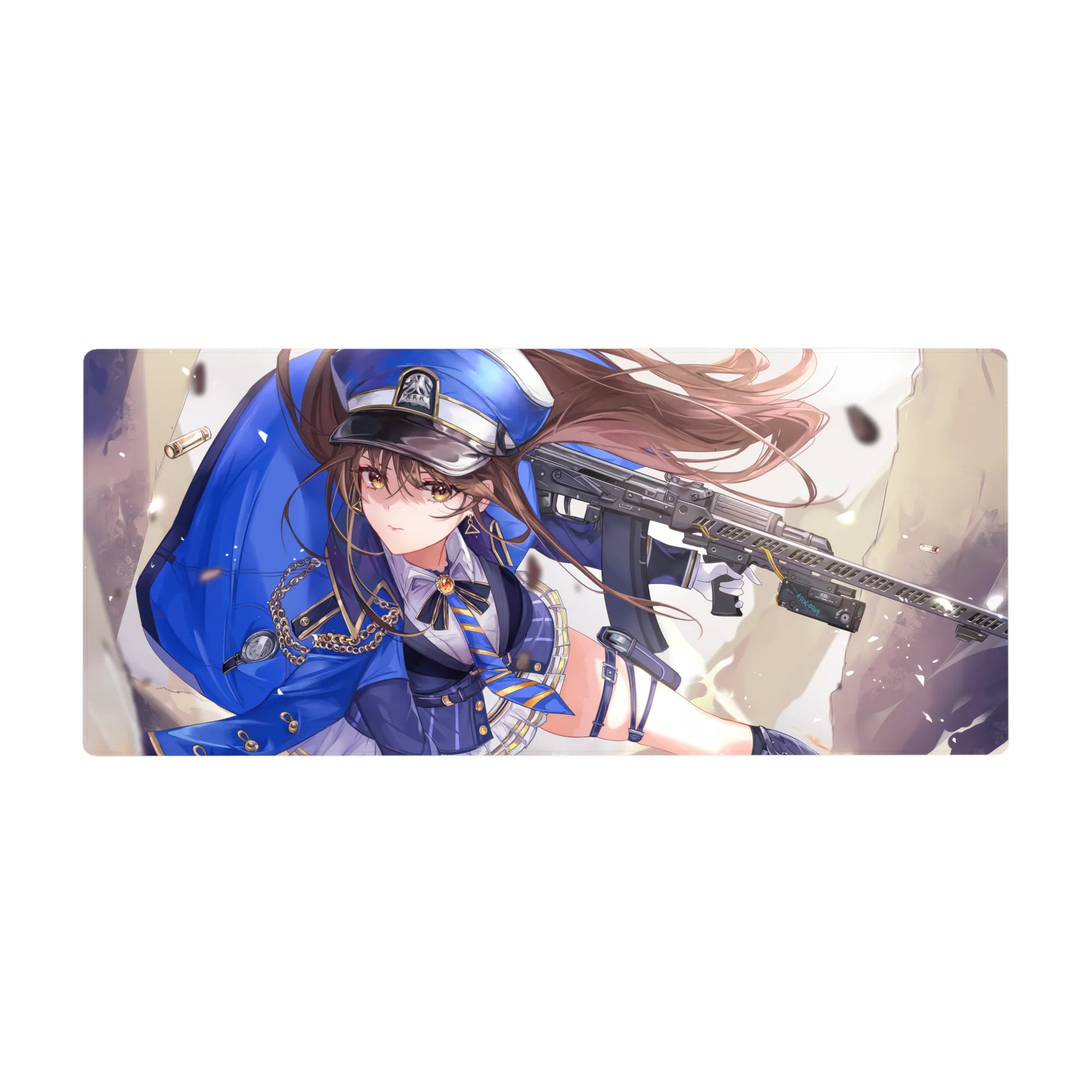 36x16 inches anime girl desk pad with cobalt officer cap, gold chains, pleated skirt, rifle accent.