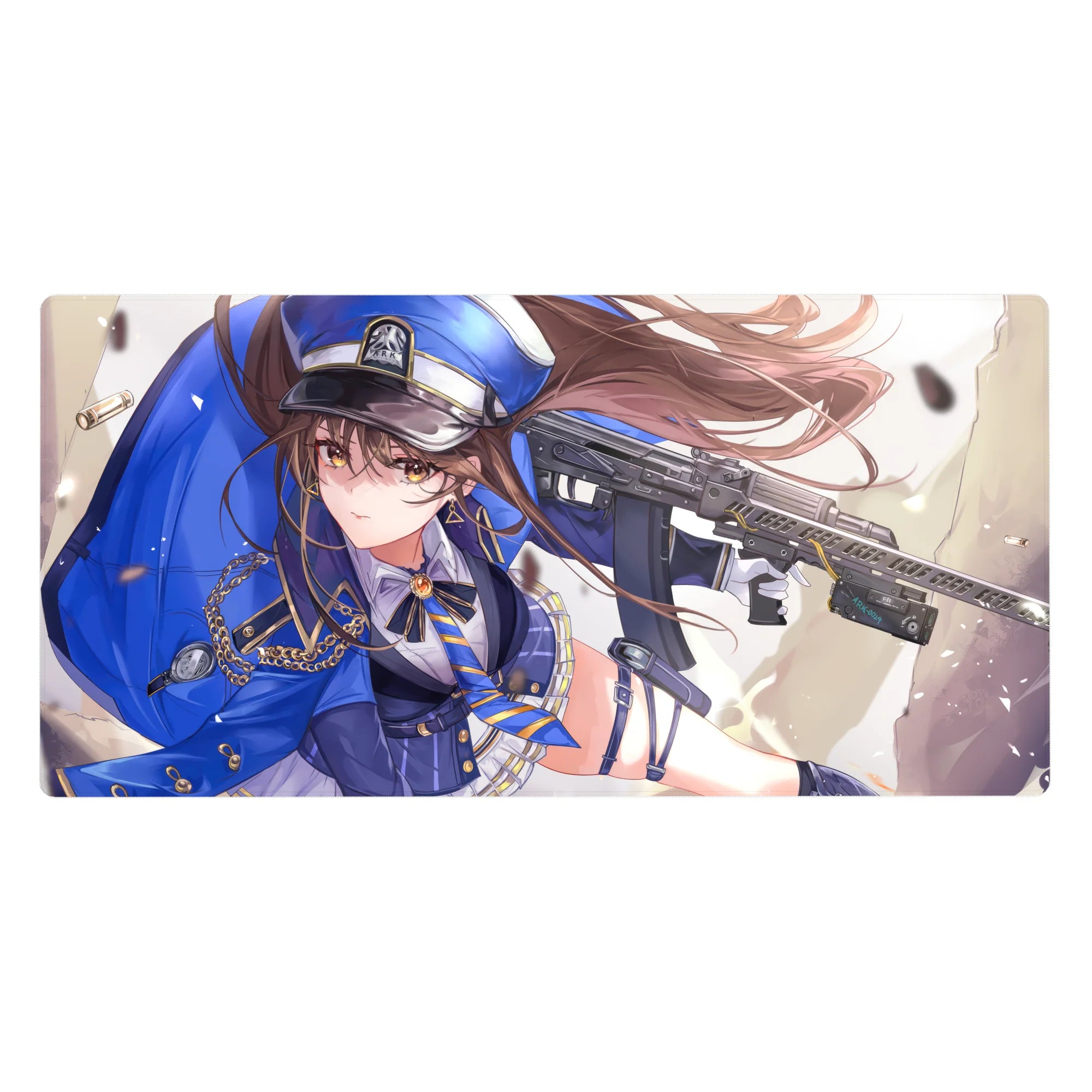 Anime girl desk pad 40x20 inches with officer cap heroine, gold chains, pleated skirt, and rifle.