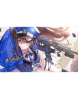 Anime girl desk pad 40x20 inches with officer cap heroine, gold chains, pleated skirt, and rifle.