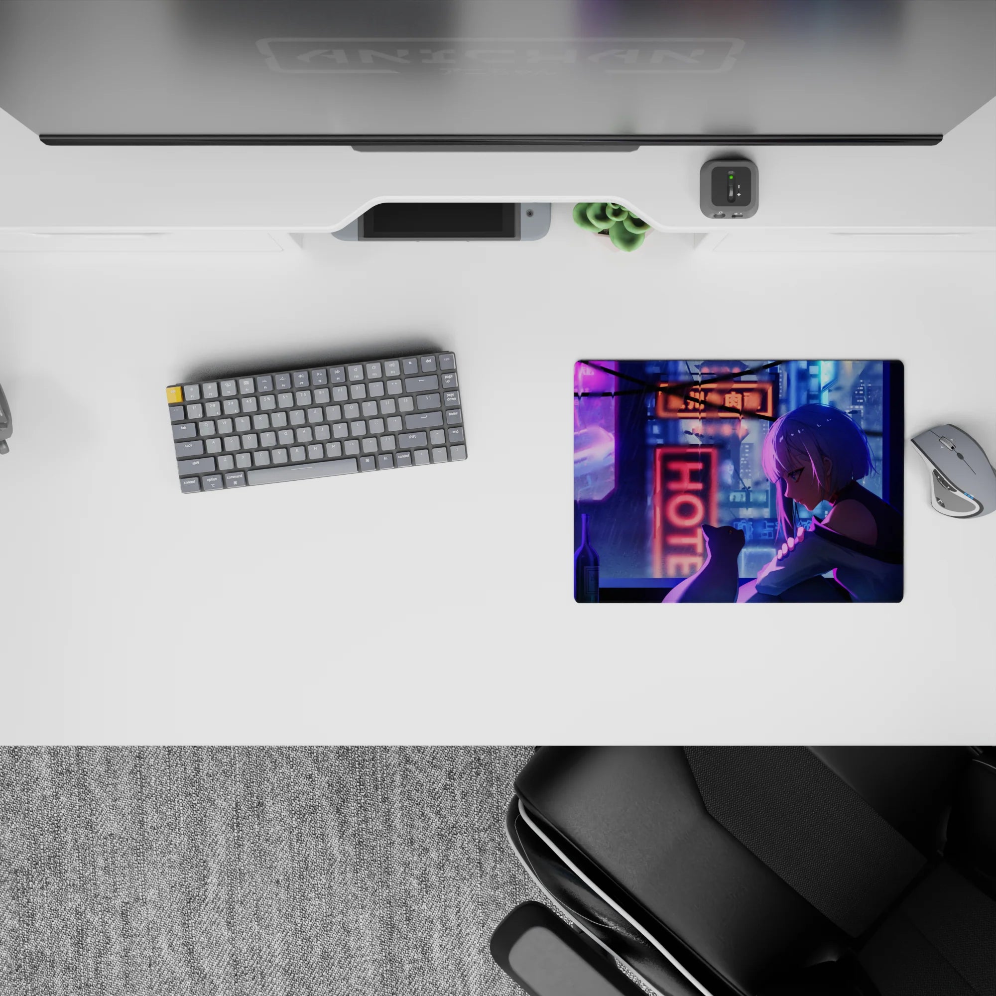 Purple-blue neon rain vibe anime mouse pad 14x10 inches, cozy late-night city glow aesthetic.