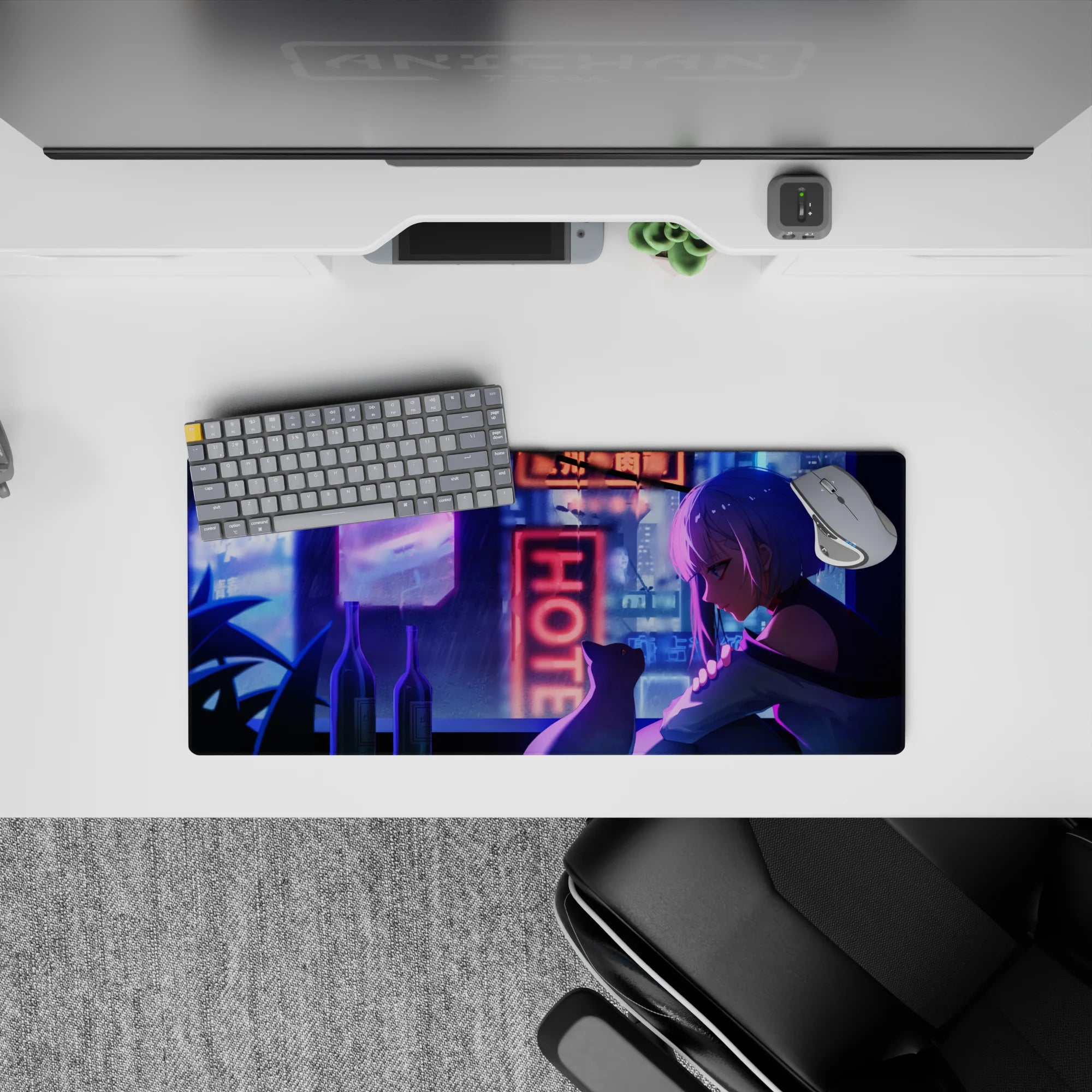 Moody purple-blue anime girl mouse pad 28x12 inches with rainy neon glow and cozy late-night vibe.