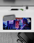 Moody purple-blue anime girl mouse pad 28x12 inches with rainy neon glow and cozy late-night vibe.