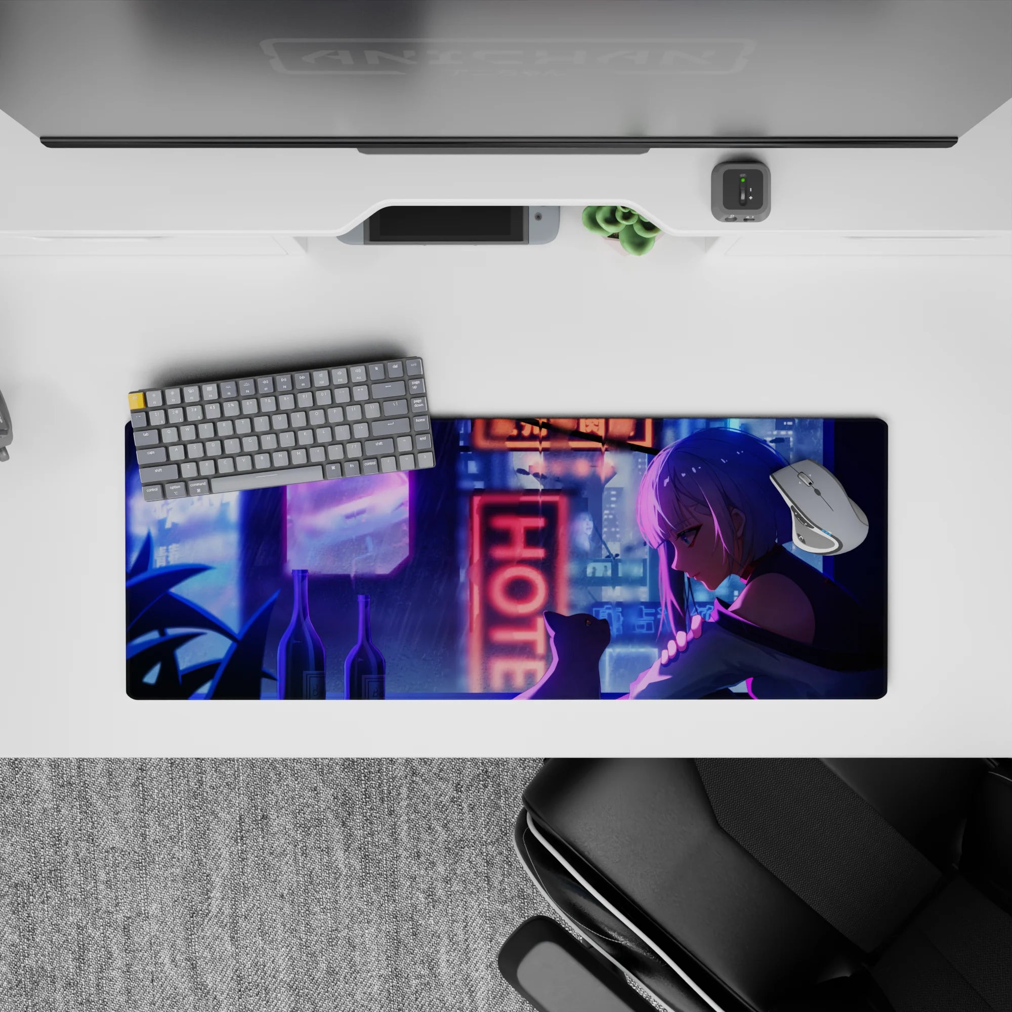 32x12 inches neon purple-blue anime mouse pad with cozy late-night city glow and moody vibes.
