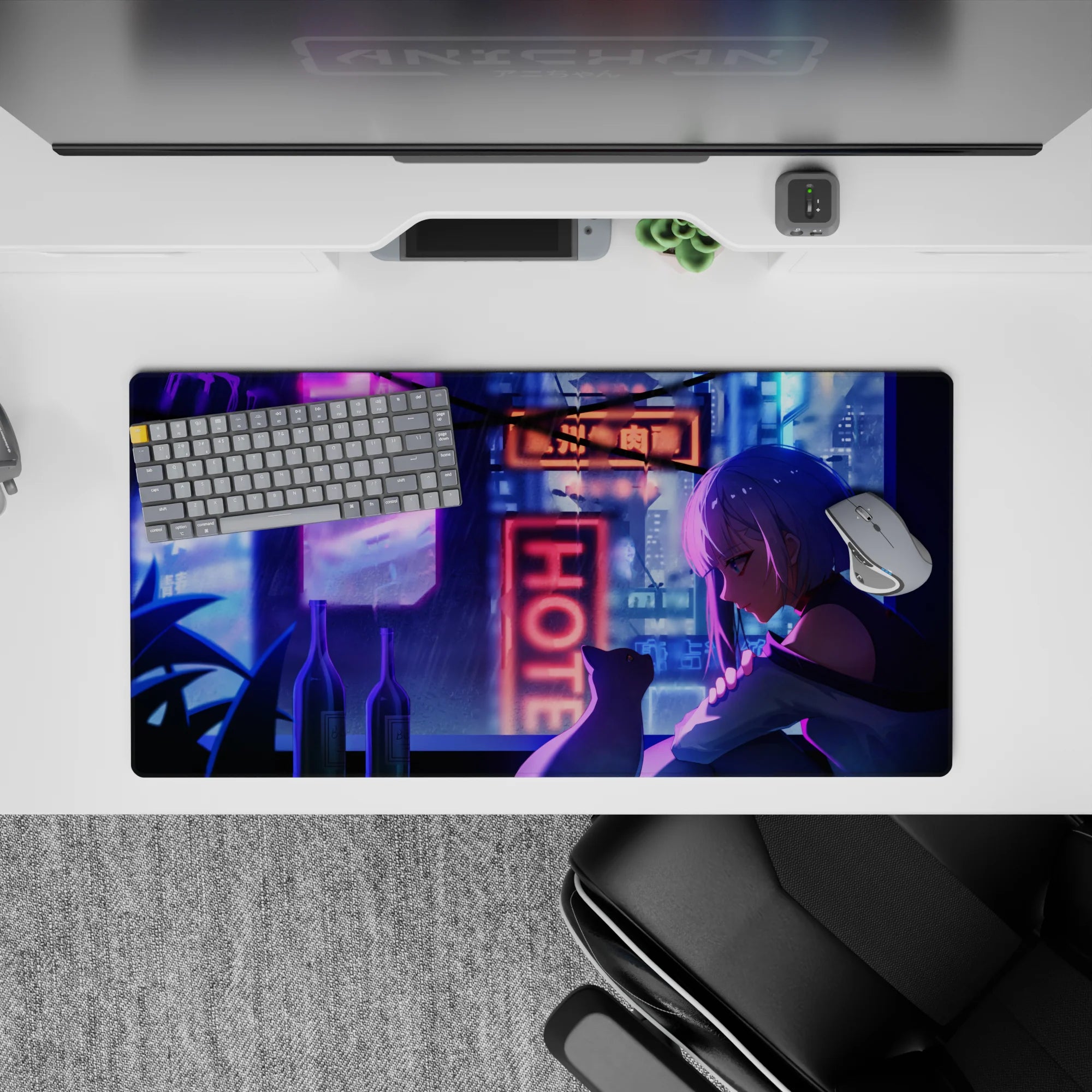 32x16 inches mouse pad in purple-blue neon rain vibe, cozy late-night city glow for gaming and study.