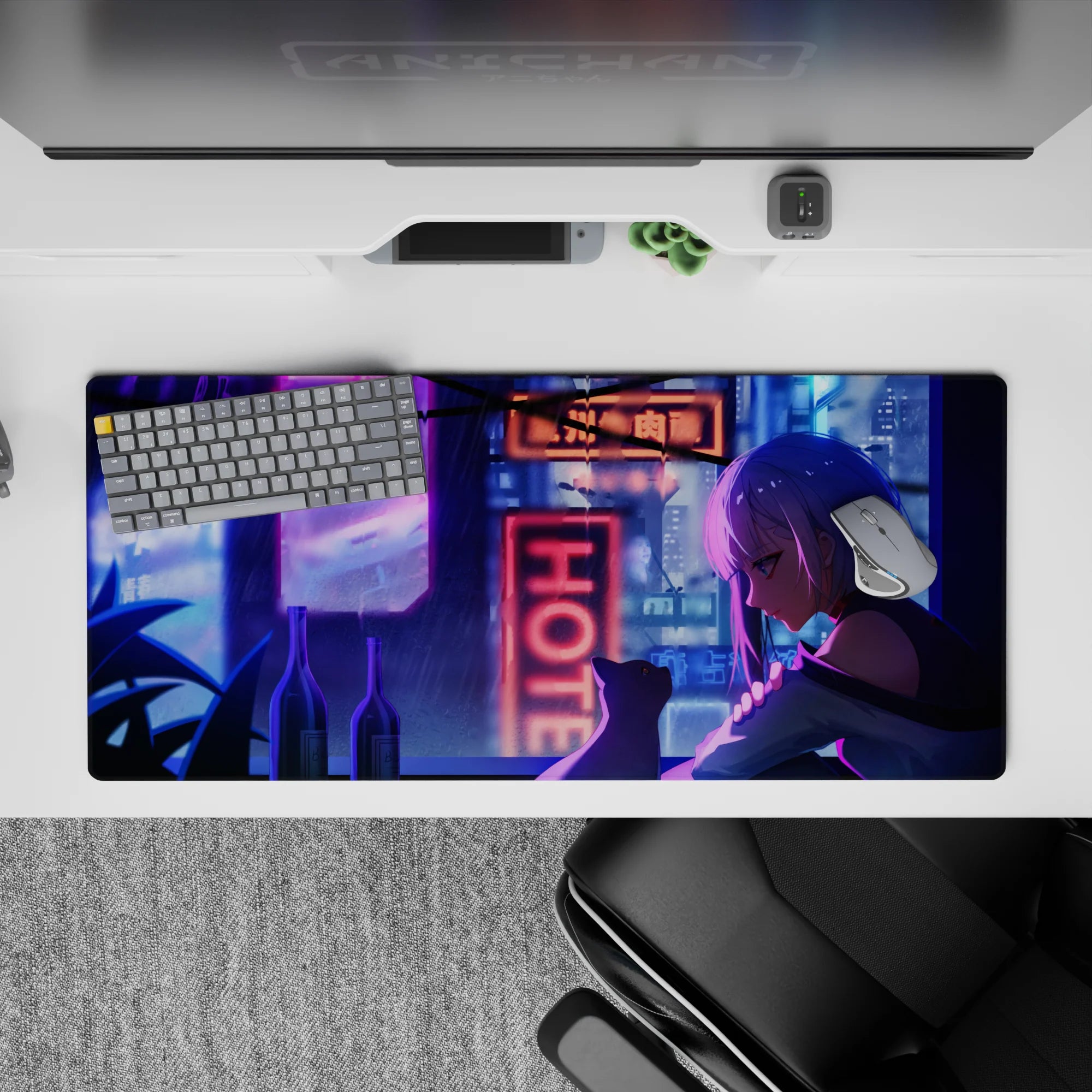 Moody purple-blue anime desk pad 36x16 inches with neon rain glow, cozy late-night gaming vibe.