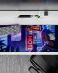 Moody purple-blue anime desk pad 36x16 inches with neon rain glow, cozy late-night gaming vibe.