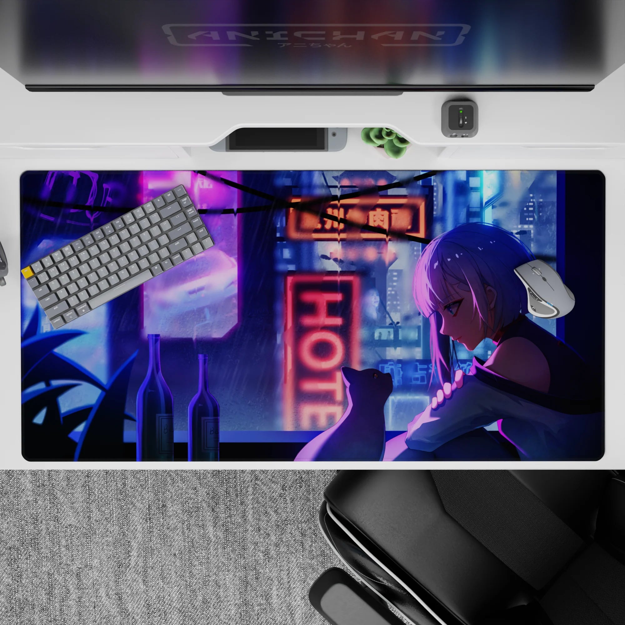 Moody purple-blue neon rain vibe anime desk pad 40x20 inches, cozy late-night city glow.