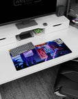 Silver-haired anime girl leaning close with her cat on a rooftop, anime mouse pad 28x12 inches.