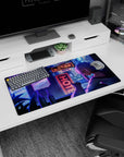 32x16 inches desk mat showing a silver-haired anime girl leaning close with her serious cute cat friend.