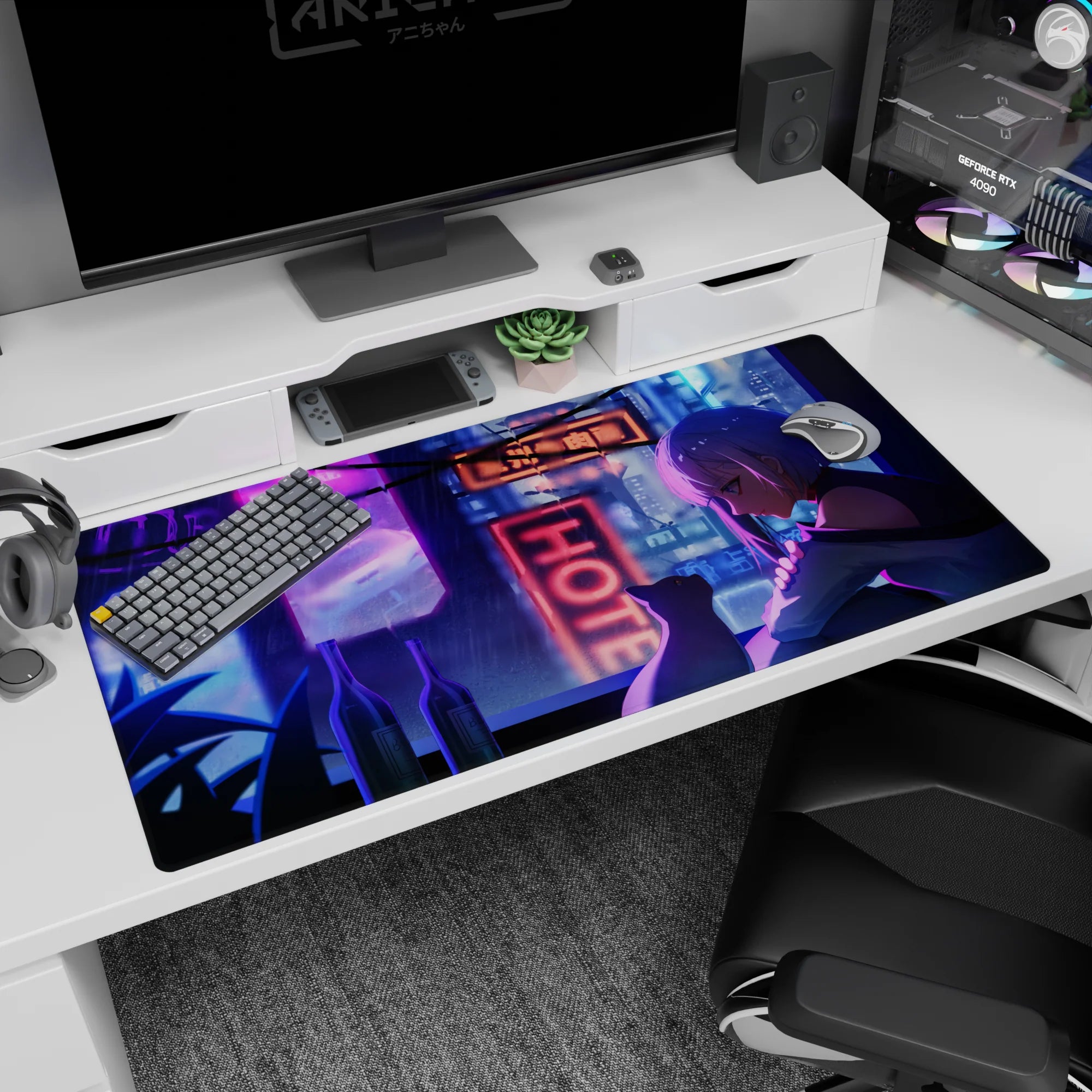 Silver-haired anime girl leaning close with her cat under bright signs, desk pad 40x20 inches.