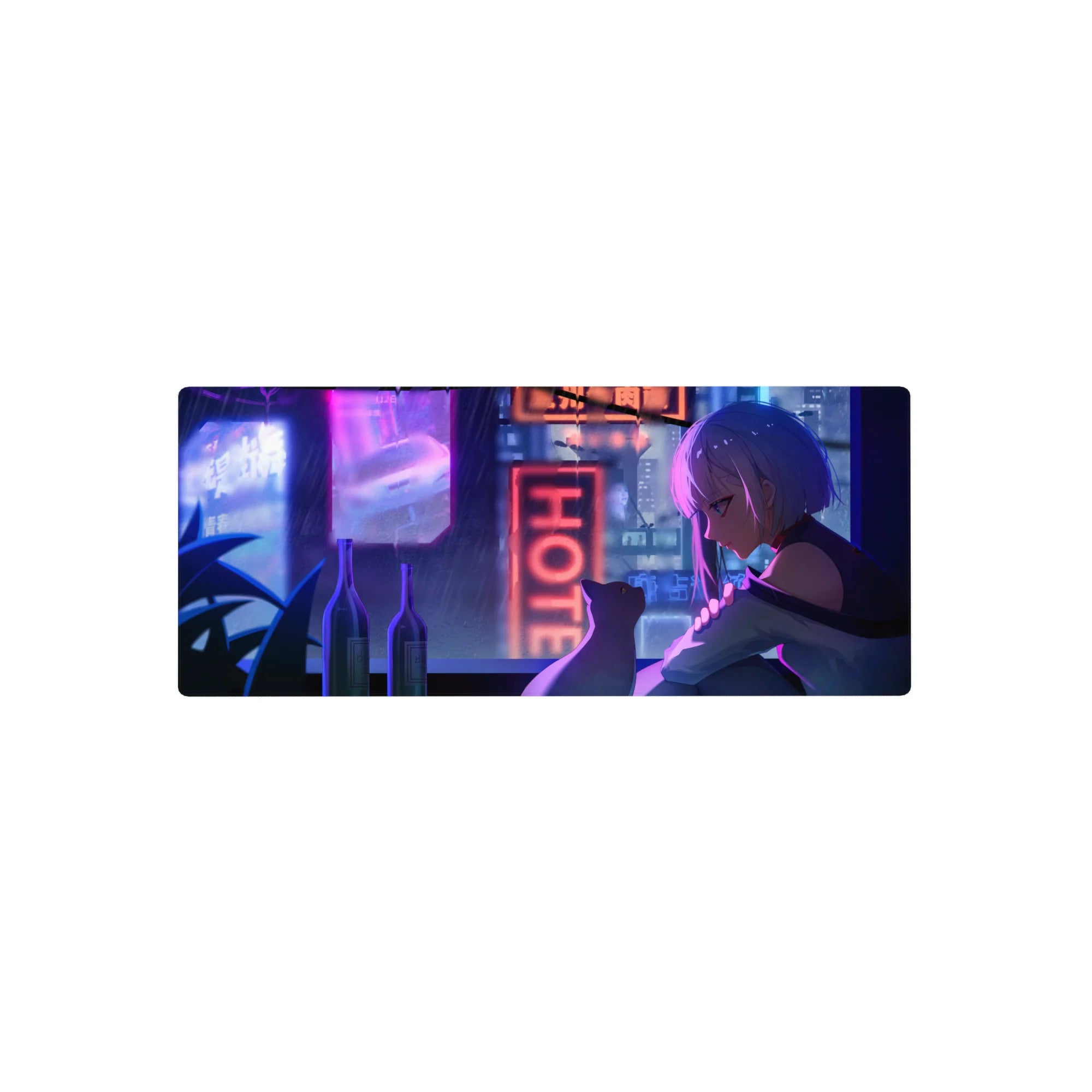 Anime girl mouse pad 28x12 inches with silver-haired girl and cat on a neon-lit city rooftop.