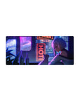 Anime girl mouse pad 28x12 inches with silver-haired girl and cat on a neon-lit city rooftop.