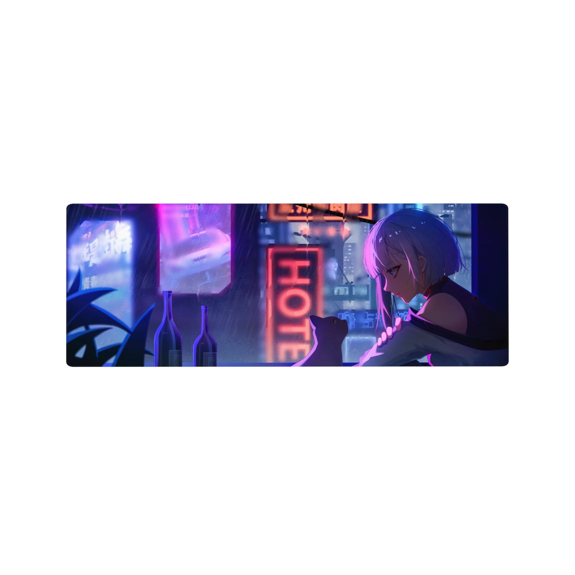 32x12 inches anime girl mouse pad with silver-haired rooftop girl and her cat in a neon city scene.