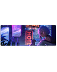 32x12 inches anime girl mouse pad with silver-haired rooftop girl and her cat in a neon city scene.