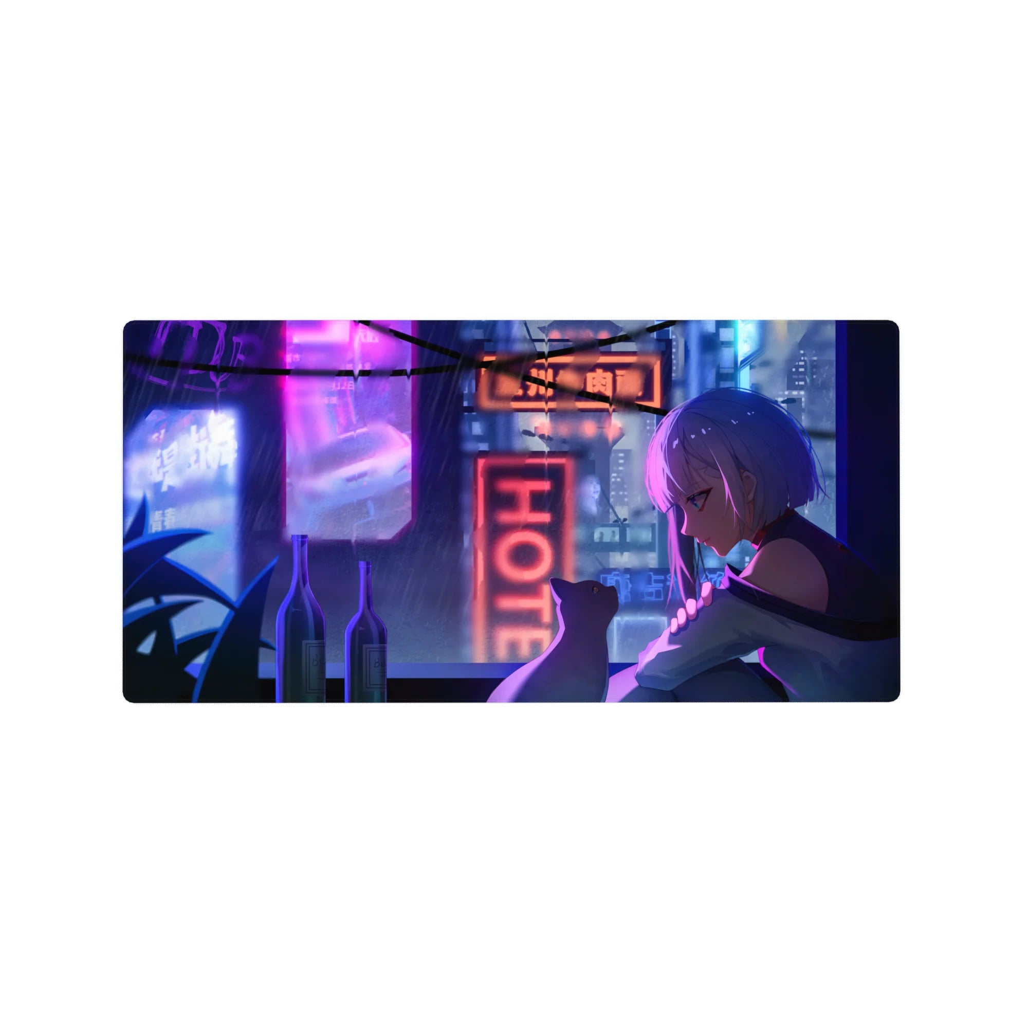 32x16 inches anime girl mouse pad with silver-haired girl and cat on a neon-lit rooftop city scene.