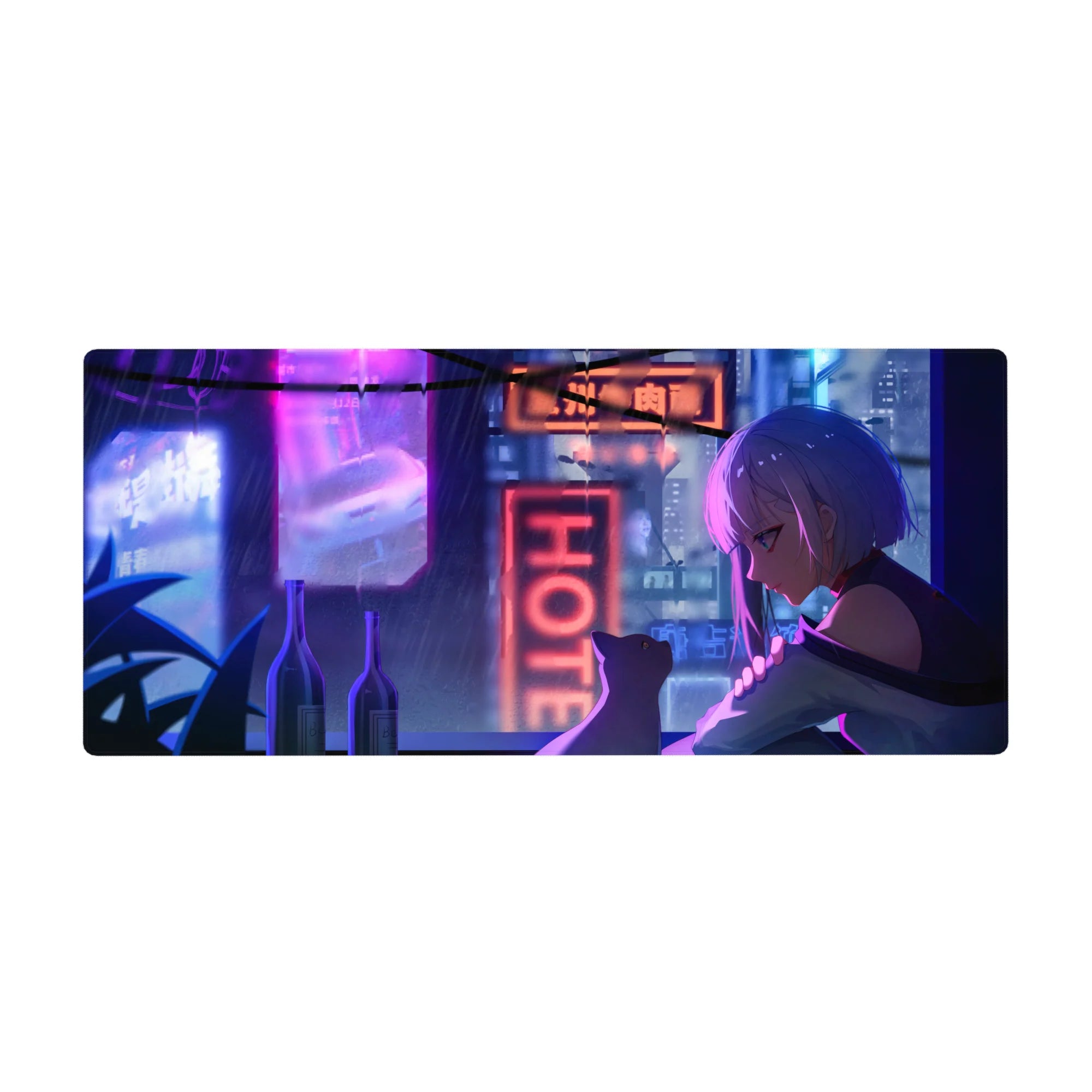 Anime girl desk pad 36x16 inches with silver-haired girl and cat on a neon-lit rooftop city scene.