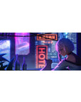 Anime girl desk pad 36x16 inches with silver-haired girl and cat on a neon-lit rooftop city scene.