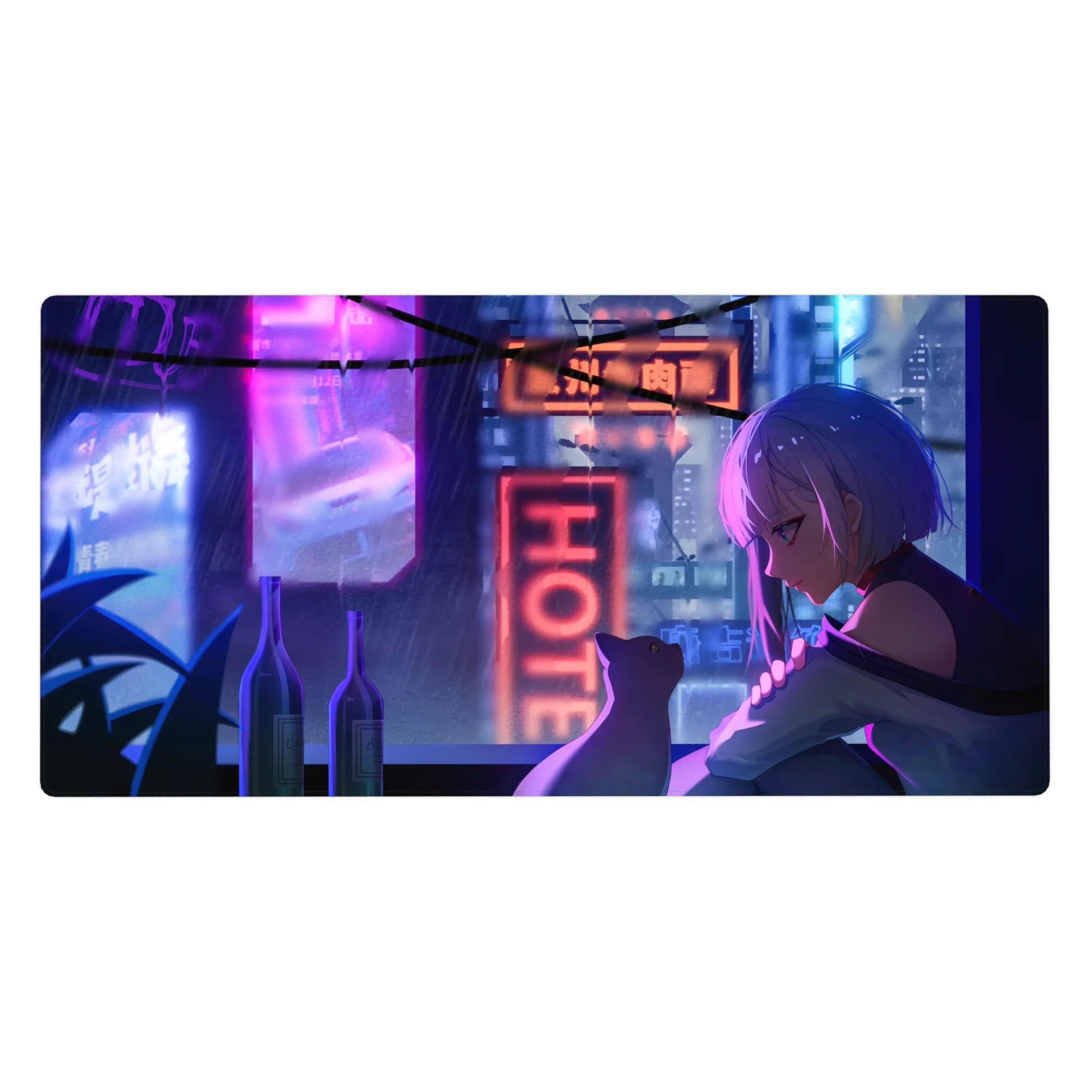 Anime girl desk pad 40x20 inches with silver-haired girl and cat on a neon-lit rooftop city scene.