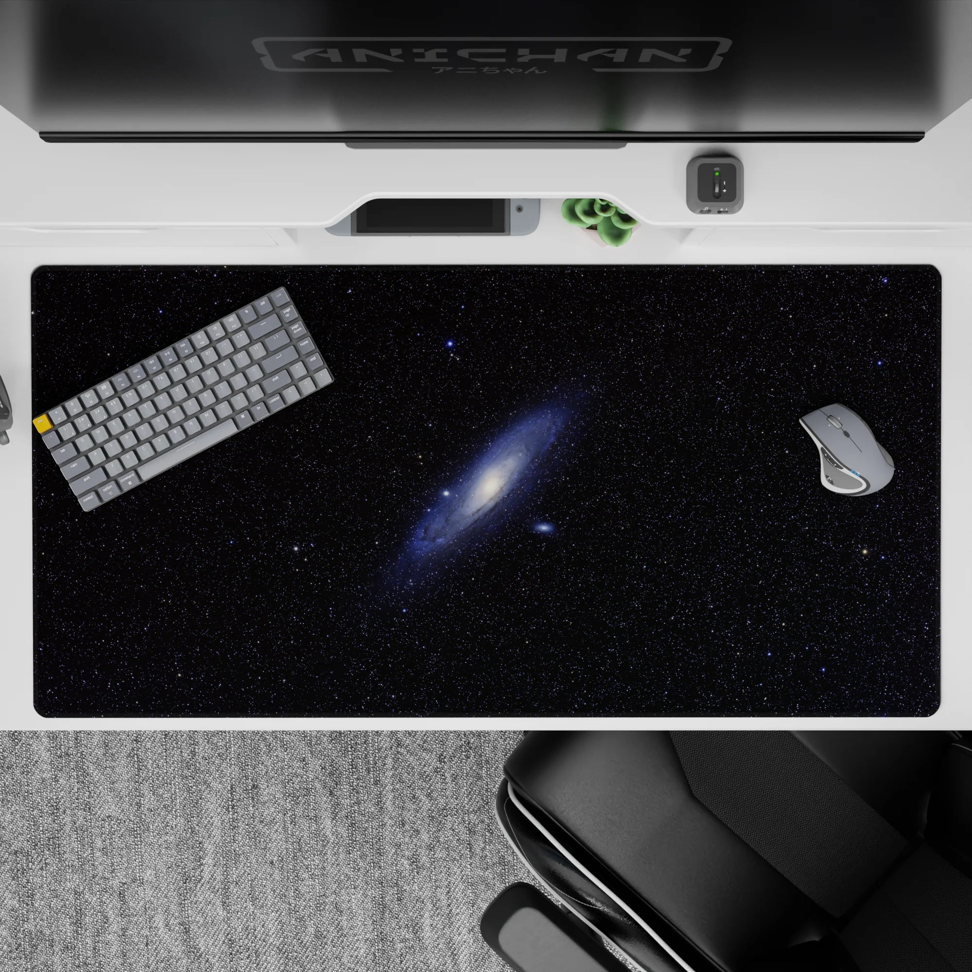Cosmic night sky desk pad 40x20 inches with blue galaxy design, ideal for stylish and calm workspace.