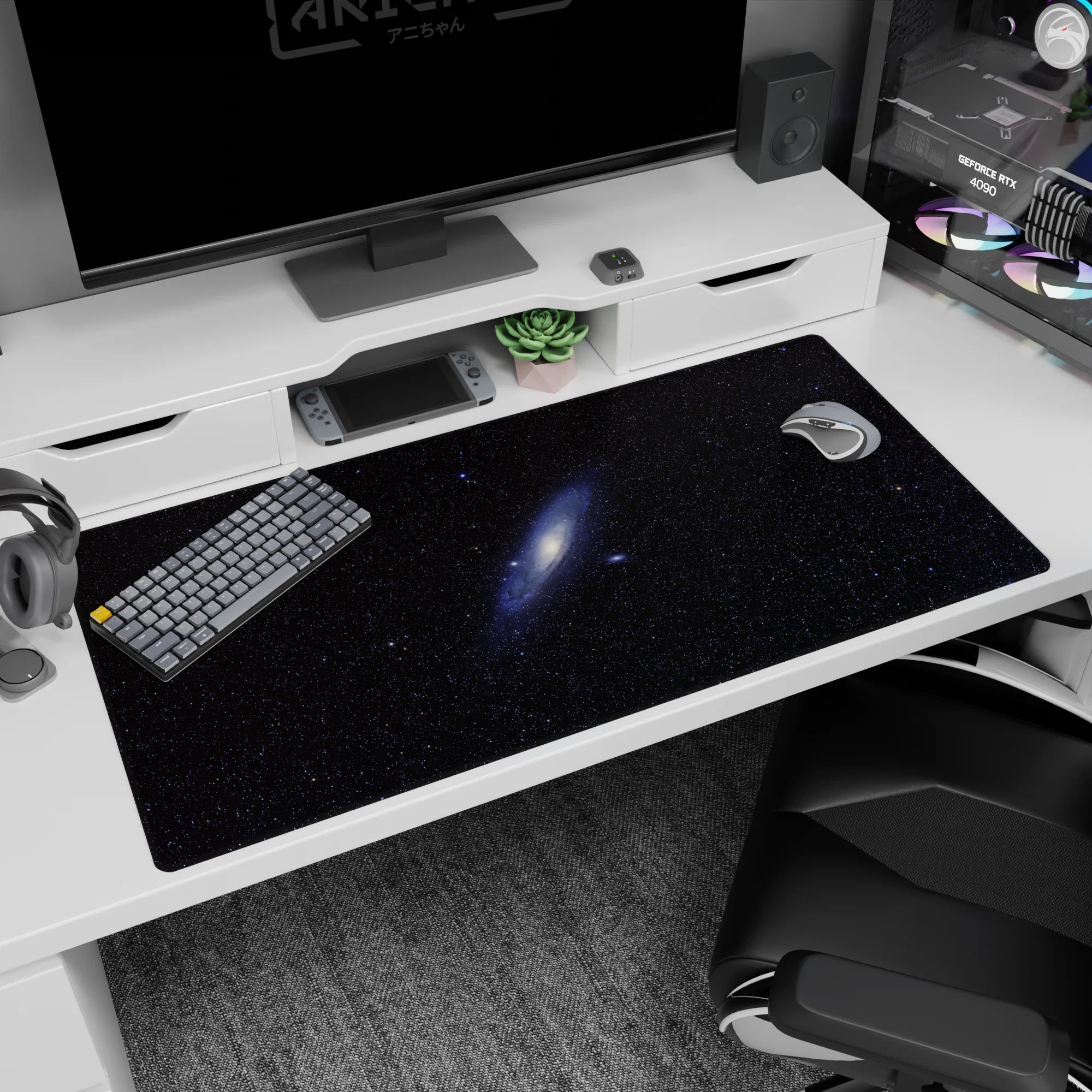 Cosmic night sky desk pad with swirling blue galaxy design, 40x20 inches, perfect for spacious work setups.