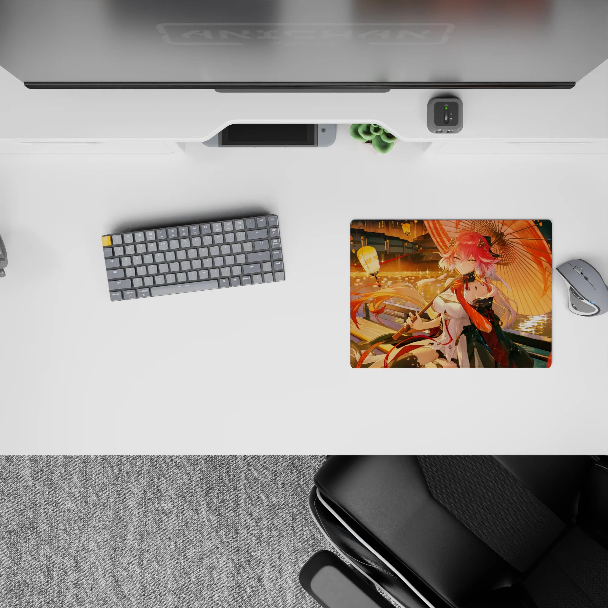 Pink hair, warm gold lantern glow and red accents on a 14x10 inches anime mouse pad, serene night mood.
