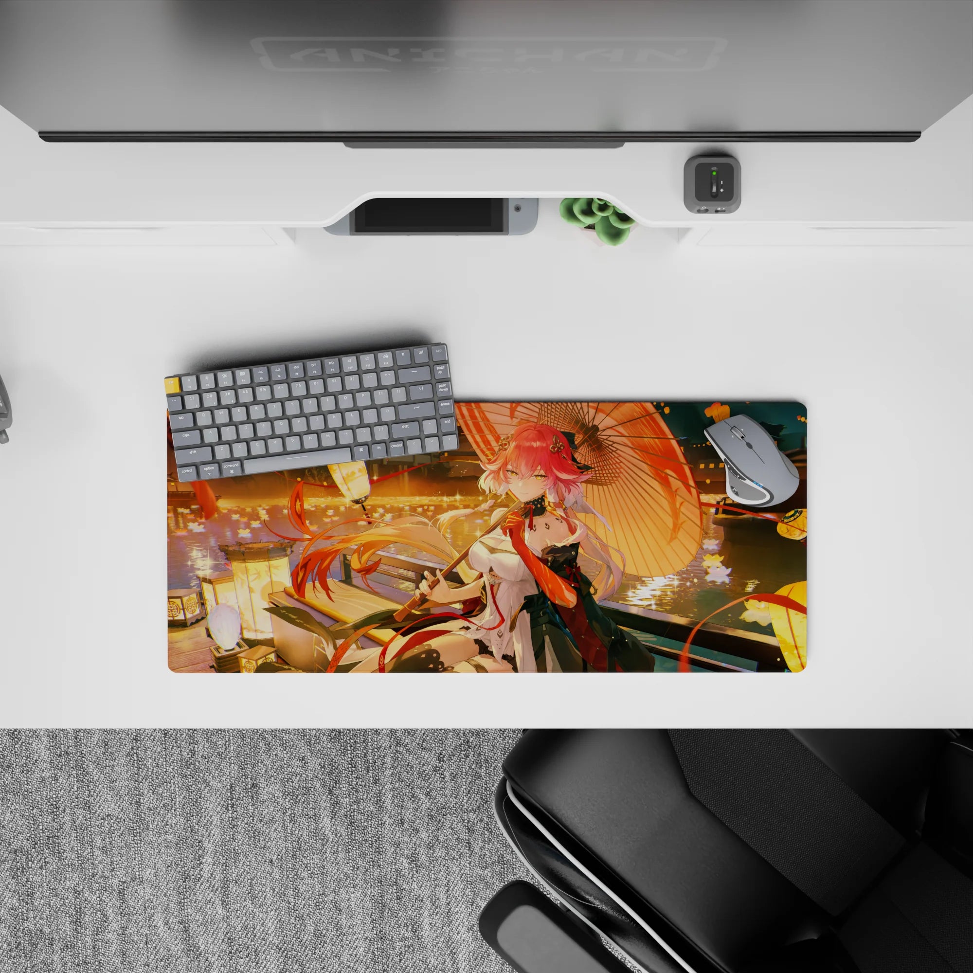 28x12 inches pink-haired anime mouse pad in warm gold reflections, coral accents, and cozy night vibes.