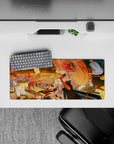 28x12 inches pink-haired anime mouse pad in warm gold reflections, coral accents, and cozy night vibes.