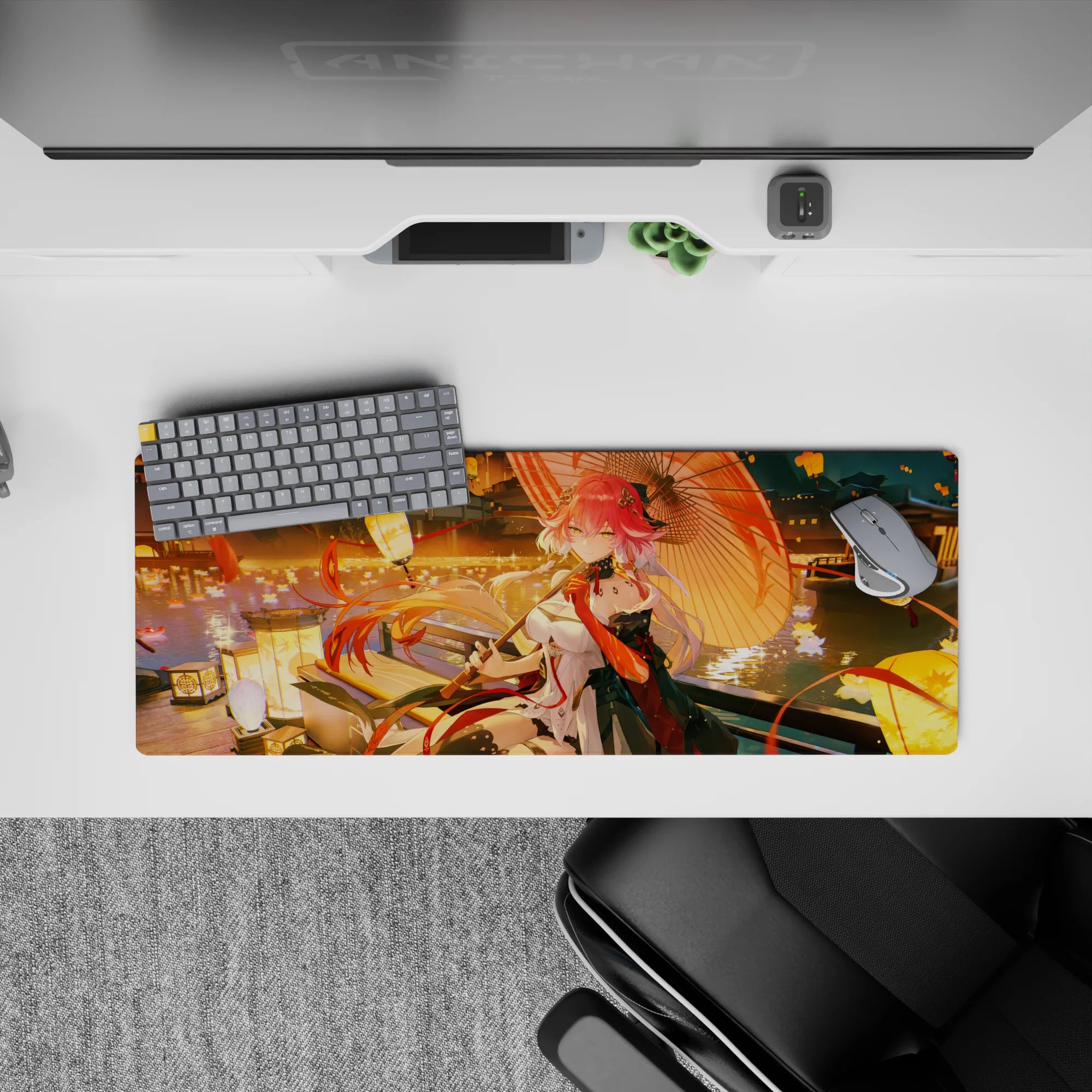 32x12 inches anime mouse pad in warm golds and reds with rippling water, ribbons, and blooms.