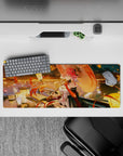 32x12 inches anime mouse pad in warm golds and reds with rippling water, ribbons, and blooms.