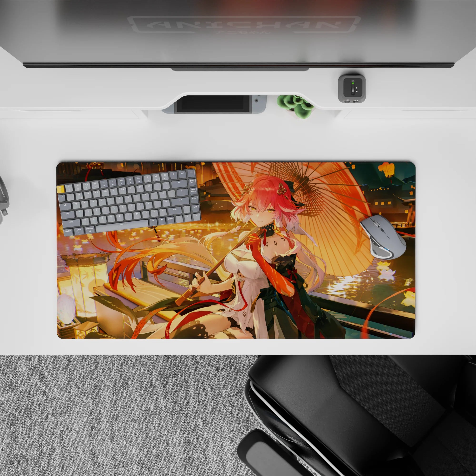 32x16 inches mouse pad in warm gold lantern glow, coral umbrella, red accents, calm confident vibe.