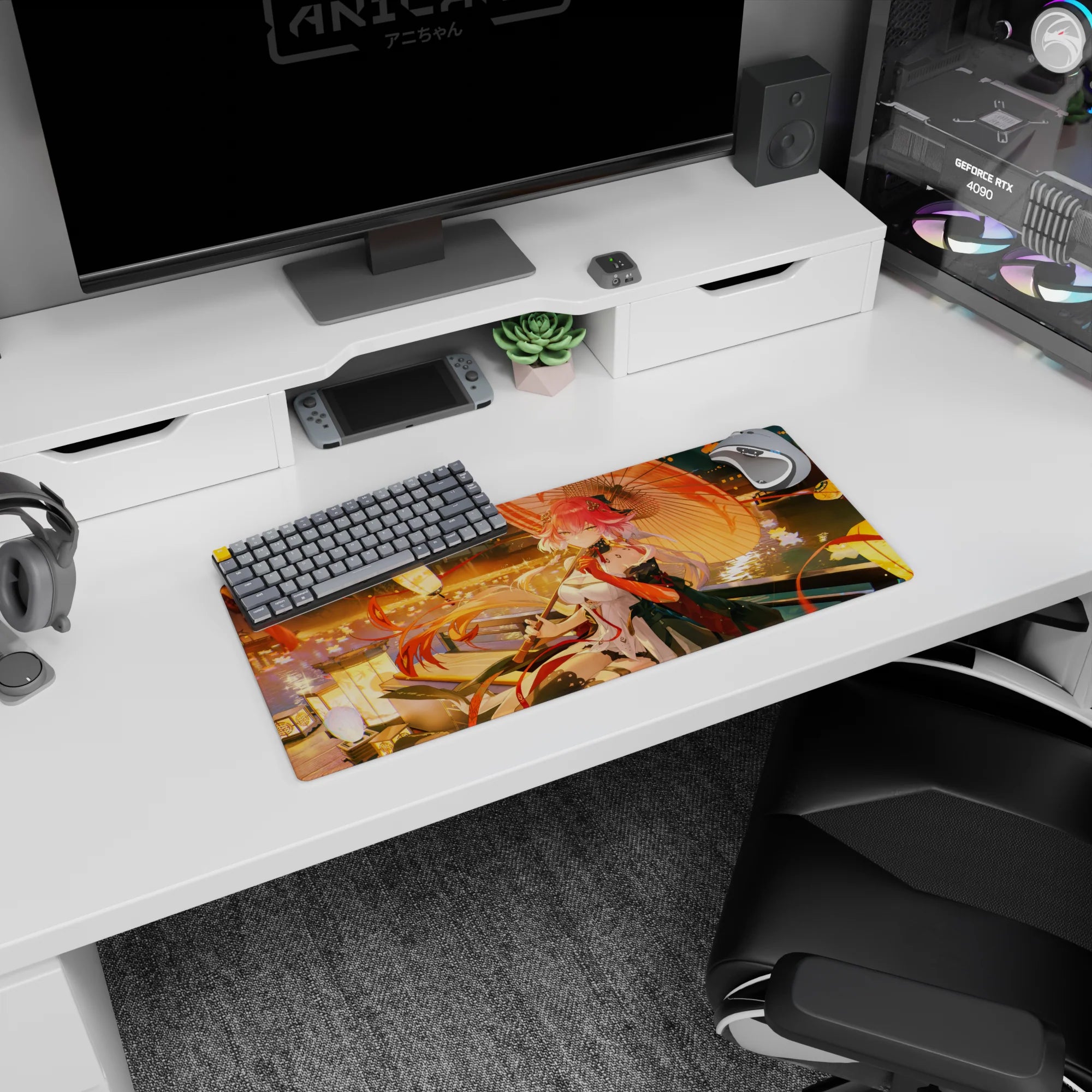 28x12 inches mouse pad featuring a pink-haired anime girl by the river, white dress, kimono jacket, red gloves.
