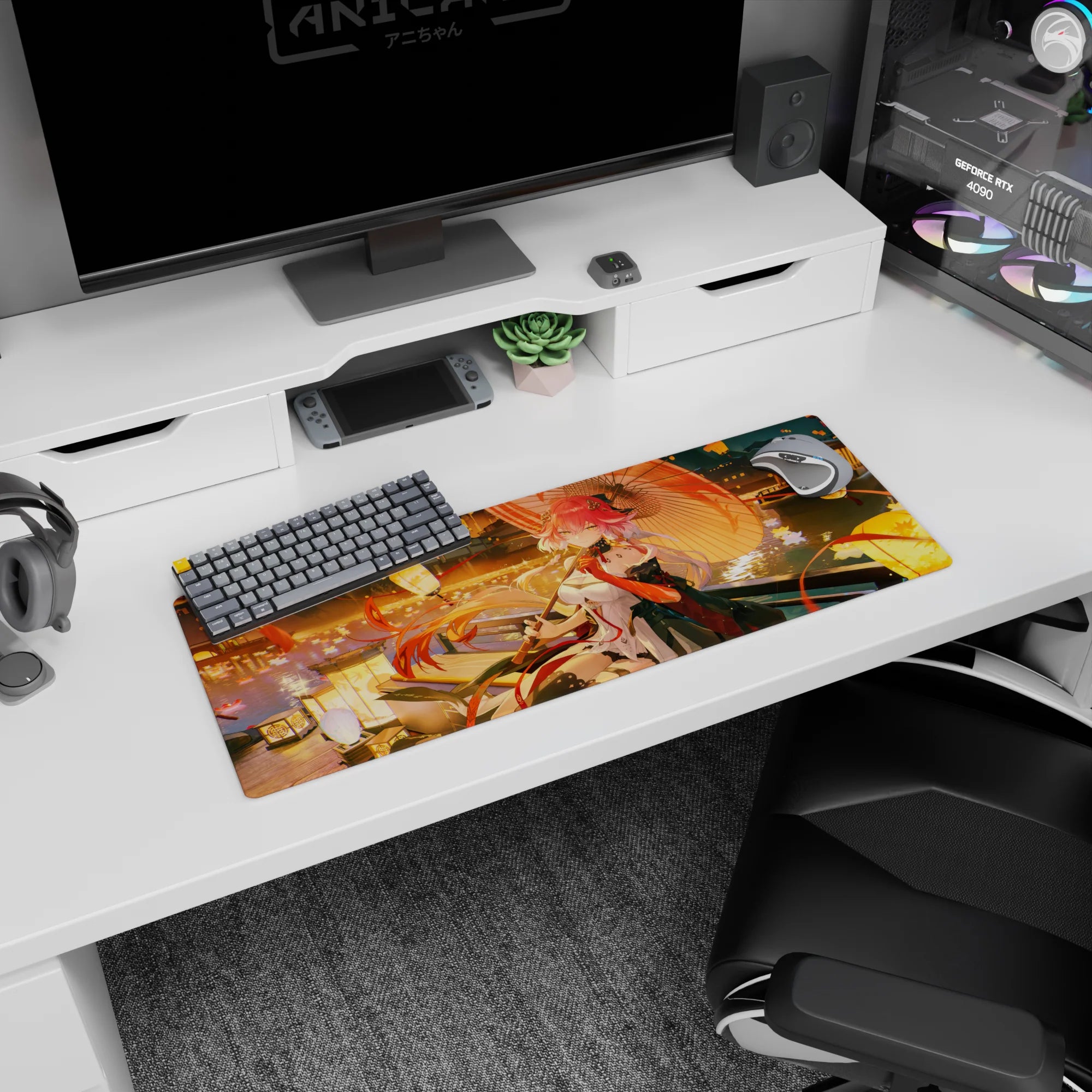 32x12 inches mouse pad featuring a teasing pink-haired girl in white dress and kimono by the river.